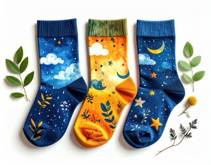 Three colorful socks with celestial designs, adorned with leafy sprigs, arranged on a white surface in a still-life composition