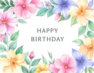 A pastel-colored floral frame with the words "HAPPY BIRTHDAY" in gray, against a white background, rendered in a soft, watercolor style