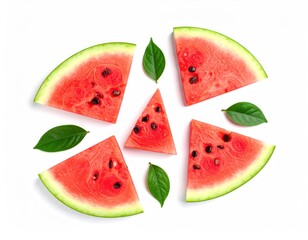 Sliced watermelon segments and green leaves are arranged on a bright white surface, creating a fresh, minimalist composition