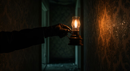 An old-fashioned oil lamp held by a silhouetted hand illuminates a dimly lit, decaying corridor, creating an atmosphere of suspense and historical mystery.
