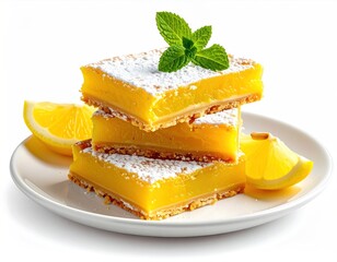 Three lemon bars stacked on a white plate, dusted with powdered sugar and garnished with mint leaves and lemon slices