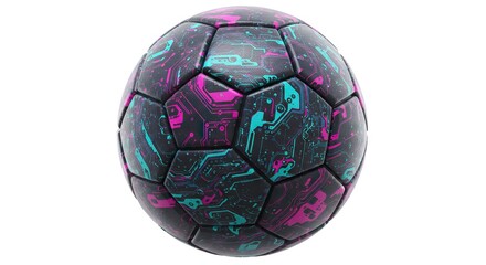 Closeup of a soccer ball featuring an abstract circuit board pattern in purple and blue on a white background