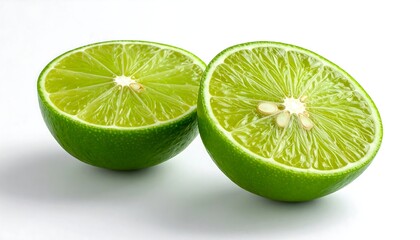 Two halves of a vibrant green citrus fruit, sliced to reveal juicy segments, resting on a white surface. A close-up with strong lighting