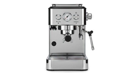 Metal espresso machine with gauges spouts and a steam wand