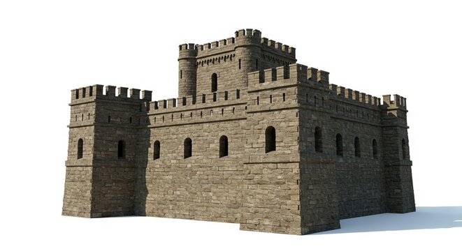 A stone castle with crenellations and arched windows stands on a white background