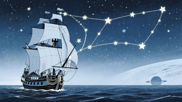 Majestic tall ship sails across a starry night ocean towards a glowing planet, guided by a luminous constellation in a breathtaking cosmic voyage.