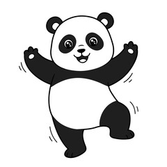 Cute cartoon panda standing on one leg with sparkly eyes and raised arms, looking joyful and playful.