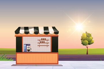 Illustration of a coffee shop with a sign and a drink machine