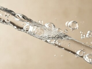 A close-up view of a dynamic water stream with bubbles, showcasing the clarity and movement of liquid against a neutral background.