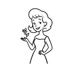 Black and white vector illustration of a beautiful woman holding a flower, minimal clean line art style
