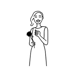 Black and white vector illustration of a beautiful woman holding a flower, minimal clean line art style
