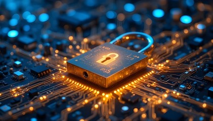 Cyber security concept featuring a padlock on a circuit board, symbolizing data protection and digital safety