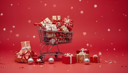 Shopping cart filled with christmas gifts and presents on a red background with falling snow effect