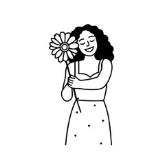 Black and white vector illustration of a beautiful woman holding a flower, minimal clean line art style
