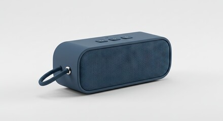 Rectangular blue speaker on a white background with a cord and three buttons on top