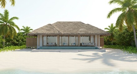 Fototapeta premium Beach hut with thatched roof patio furniture and palm trees on a sandy beach