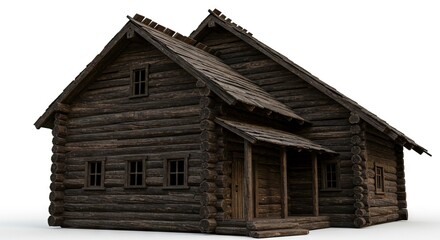 Naklejka premium A twostory log cabin with a weathered wooden roof on a light background
