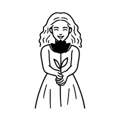 Black and white vector illustration of a beautiful woman holding a flower, minimal clean line art style

