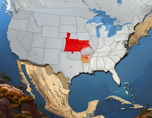 US map highlighting a central region, likely weather or meteorological data
