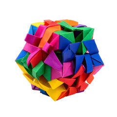 Vibrant geometric papercraft sphere created with modular origami technique. Intricate Japanese paper folding art representing complexity and creativity