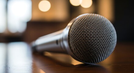 Obraz premium Professional microphone on a wood surface, bokeh in background indoor