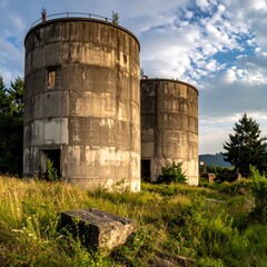 Two weathered concrete silos stand in a grassy field under a partly cloudy sky