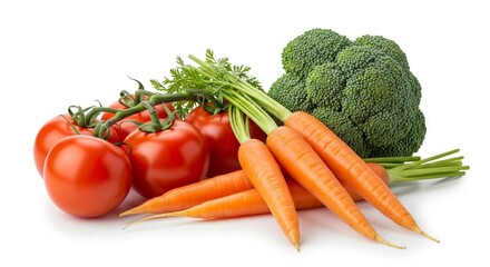 Group of tomatoes on vine carrots broccoli head isolated on white background