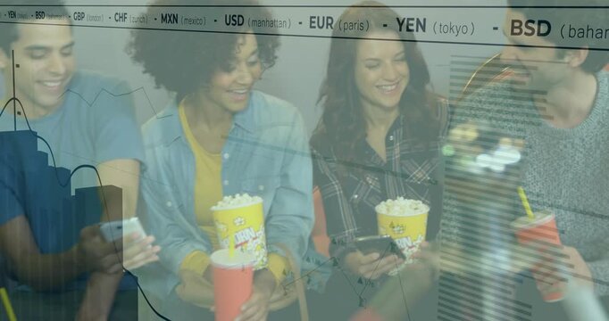 Man entering lounge and sitting with friends while currency graph overlay visualizing market trends