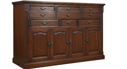 Fototapeta premium Dark wood dresser with drawers and cabinet doors ornate hardware classic design