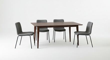 Fototapeta premium Dining set A wood table surrounded by four gray upholstered chairs against a white background