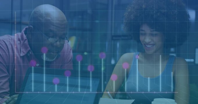 Senior man typing on laptop starting business bar chart animation while woman scanning data sheet
