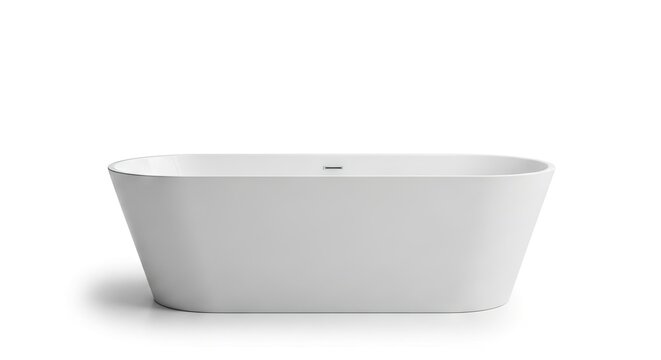Front view of a white rectangular bathtub with rounded edges and a central drain set against a white background