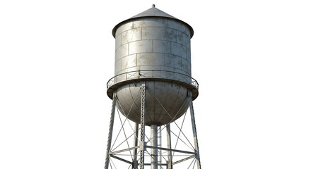 An elevated cylindrical water tower with a conical roof rests on a metal framework