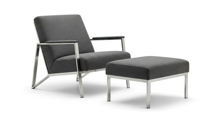 Obraz premium Gray armchair ottoman sit against a white backdrop featuring metal frames a subtle textured fabric