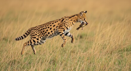 Obraz premium Spotted wild cat hunting prey in grassy meadow