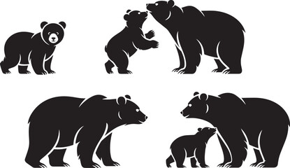 Naklejka premium Baby bear, adult bear, couple bears and bear with cub vector illustration set