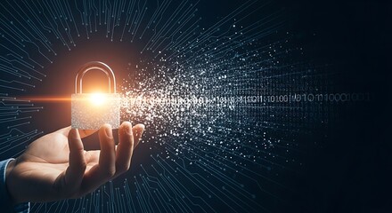 Hand holding a glowing padlock symbolizing cybersecurity, data protection, and digital information security in a futuristic network.