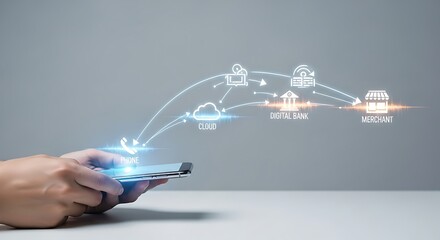 Hands holding a smartphone with glowing digital connections to cloud, digital bank, and merchant icons, illustrating mobile banking and online financial transactions.