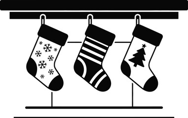 Three festive Christmas stockings hung on a mantelpiece, ready for gifts
