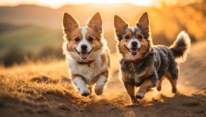 Happy Corgis Running Outdoors at Sunset.