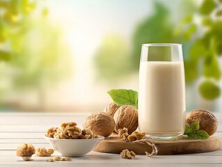 A glass of creamy milk sits alongside a bowl of walnuts and whole nuts on a wooden board, set against a soft, natural outdoor backdrop.