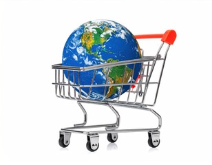A small shopping cart holds a planet earth globe, suggesting global commerce, consumption, or interconnected economies on a white background