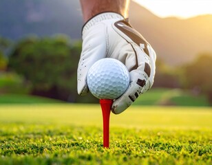 Gloved hand places golf ball on tee on bright green course, with mountains and golden light in the background, creating a serene landscape