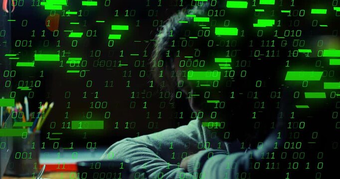 Programmer propping head on hand under lamp as binary digits drifting across scene causing fatigue