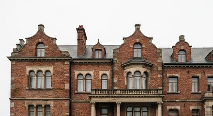 Fototapeta premium Ornate brick building facade with gables arched windows balcony