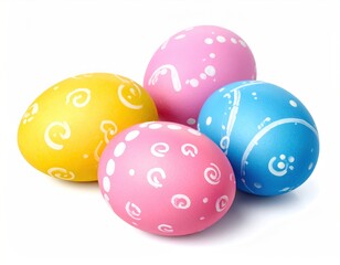 Four pastel-colored Easter eggs with white swirl and dot patterns are grouped on a white surface, casting gentle shadows
