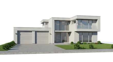Fototapeta premium Modern twostory house featuring clean lines large windows and a flat roof