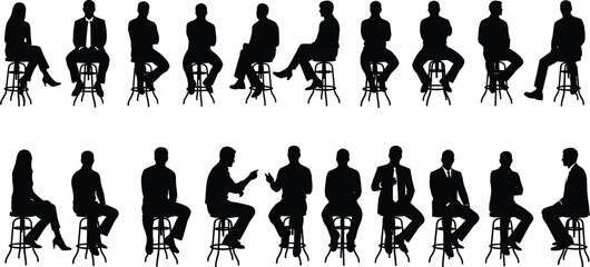 Business people seated silhouette vector set, stool poses, office interaction, body language illustration, meeting, gesture, posture, communication, teamwork, design