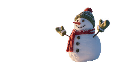 Fototapeta premium A cheerful snowman with a knitted hat, scarf, and mittens stands outside.