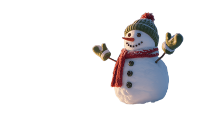 A cheerful snowman with a knitted hat, scarf, and mittens stands outside.